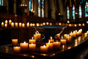 bougies sont allumé dans une église avec coloré verre les fenêtres. généré par ai photo