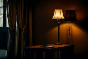 une lampe et une téléphone sur une table dans une foncé chambre. généré par ai photo