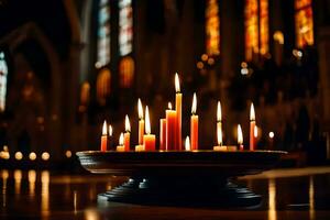 bougies sont allumé dans une église avec coloré verre les fenêtres. généré par ai photo