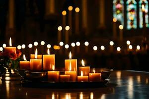 bougies sont allumé dans une église avec bougies dans le Contexte. généré par ai photo