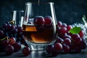 une verre de du vin avec les raisins et une bouteille de du vin. généré par ai photo