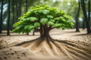 une arbre avec les racines croissance en dehors de le sol. généré par ai photo