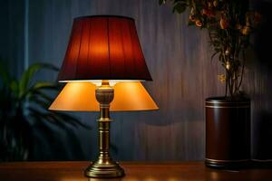 une lampe sur une table avec une vase. généré par ai photo