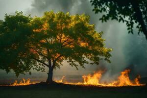 une arbre est brûlant dans le champ avec fumée à venir de il. généré par ai photo