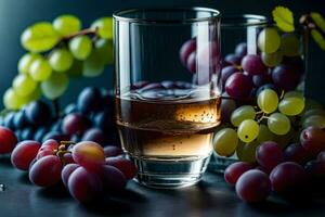 une verre de du vin et les raisins sur une foncé tableau. généré par ai photo