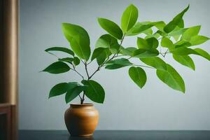 une petit plante dans une marron vase sur une tableau. généré par ai photo