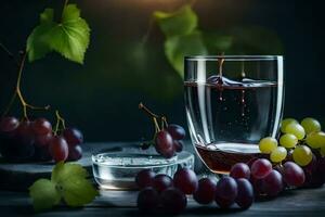 les raisins et une verre de du vin sur une tableau. généré par ai photo