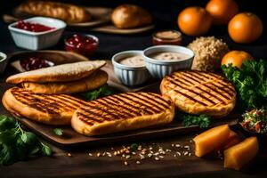 grillé des sandwichs sur une en bois Coupe planche. généré par ai photo