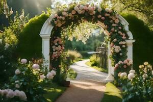 une magnifique arcade avec fleurs et verdure. généré par ai photo