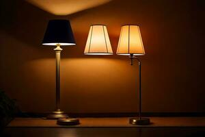 deux les lampes sont sur une table dans de face de une mur. généré par ai photo