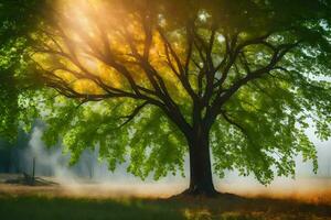 une arbre est montré dans le Soleil avec brouillard dans le Contexte. généré par ai photo