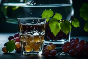 une verre de du vin et les raisins sur une foncé tableau. généré par ai photo