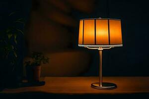 une lampe sur une table dans le sombre. généré par ai photo