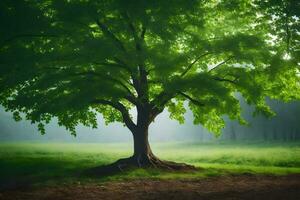 une arbre est permanent dans le milieu de une champ. généré par ai photo