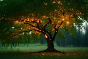 une arbre avec embrasé lumières sur il dans le sombre. généré par ai photo