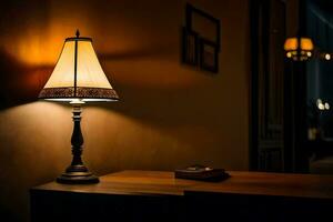 une lampe est sur une table dans une foncé chambre. généré par ai photo