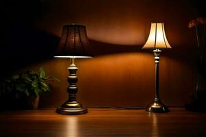 deux les lampes sur une en bois table dans le sombre. généré par ai photo