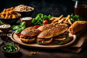 une assiette de hamburgers, frites et autre aliments. généré par ai photo