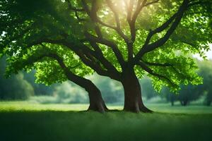 deux des arbres dans une vert champ avec lumière du soleil brillant par le feuilles. généré par ai photo