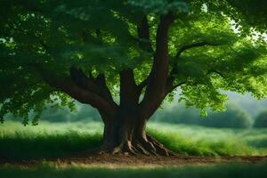 une arbre est permanent dans le milieu de une champ. généré par ai photo