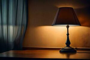 une lampe sur une table dans de face de une rideau. généré par ai photo
