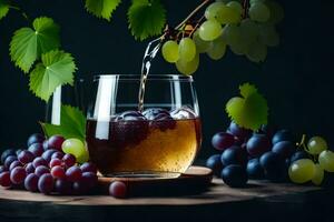 une verre de du vin avec les raisins et feuilles. généré par ai photo