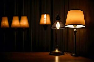 Trois les lampes sur une table dans une foncé chambre. généré par ai photo