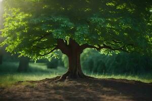 une arbre est montré dans le lumière du soleil avec le Soleil brillant à travers. généré par ai photo