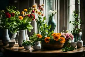 fleurs dans des vases sur une tableau. généré par ai photo