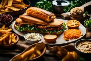 une assiette de nourriture avec français frites, poulet et autre ingrédients. généré par ai photo