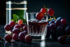 une verre de du vin et les raisins sur une foncé tableau. généré par ai photo