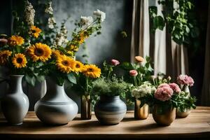 une table avec des vases de fleurs sur il. généré par ai photo