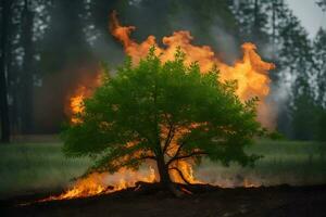 une arbre est brûlant dans le milieu de une champ. généré par ai photo