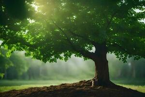 une arbre est permanent dans le milieu de une champ. généré par ai photo