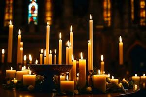 bougies sont allumé dans une église avec bougies. généré par ai photo