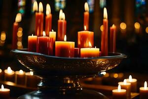 beaucoup bougies sont allumé dans une église. généré par ai photo