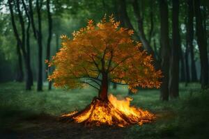 une arbre avec flammes dans le milieu de le forêt. généré par ai photo