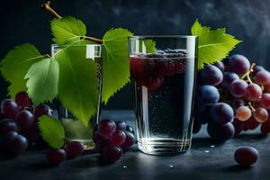 deux des lunettes de l'eau avec les raisins et feuilles. généré par ai photo