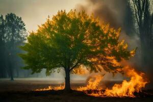 une arbre est brûlant dans le milieu de une champ. généré par ai photo
