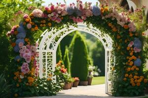 un arcade avec fleurs et verdure. généré par ai photo