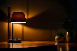 une lampe sur une table dans le sombre. généré par ai photo