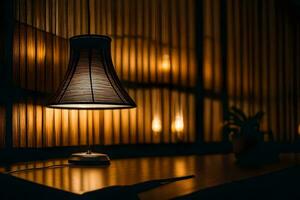une lampe sur une table dans de face de une en bois mur. généré par ai photo