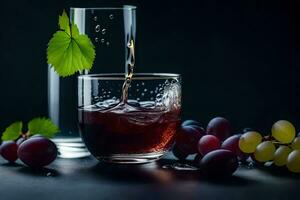 une verre de du vin avec les raisins et feuilles. généré par ai photo