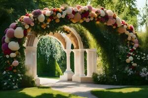 une mariage cambre fabriqué de fleurs dans le jardin. généré par ai photo