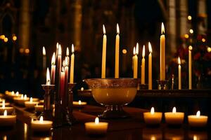 bougies sont allumé dans une église à nuit. généré par ai photo