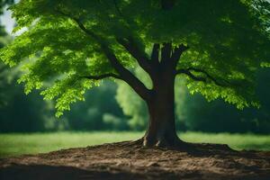 une arbre est permanent dans le milieu de une champ. généré par ai photo