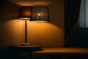 une lampe est sur une table dans une foncé chambre. généré par ai photo