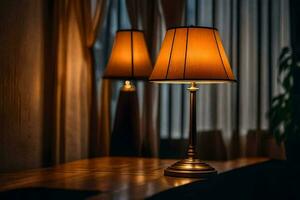 une lampe sur une table dans une foncé chambre. généré par ai photo