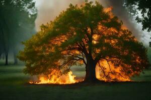 une grand arbre est brûlant dans le milieu de une champ. généré par ai photo