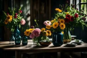 une table avec fleurs et assiettes sur il. généré par ai photo